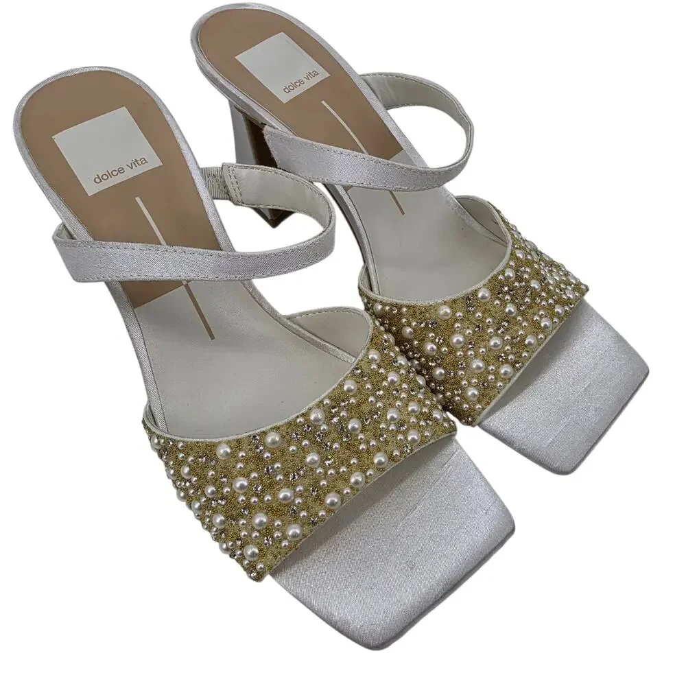 NWOT Dolce Vita White & Gold Nasia Rhinestone Pearl Slip On Sandal Heel Size 9.5